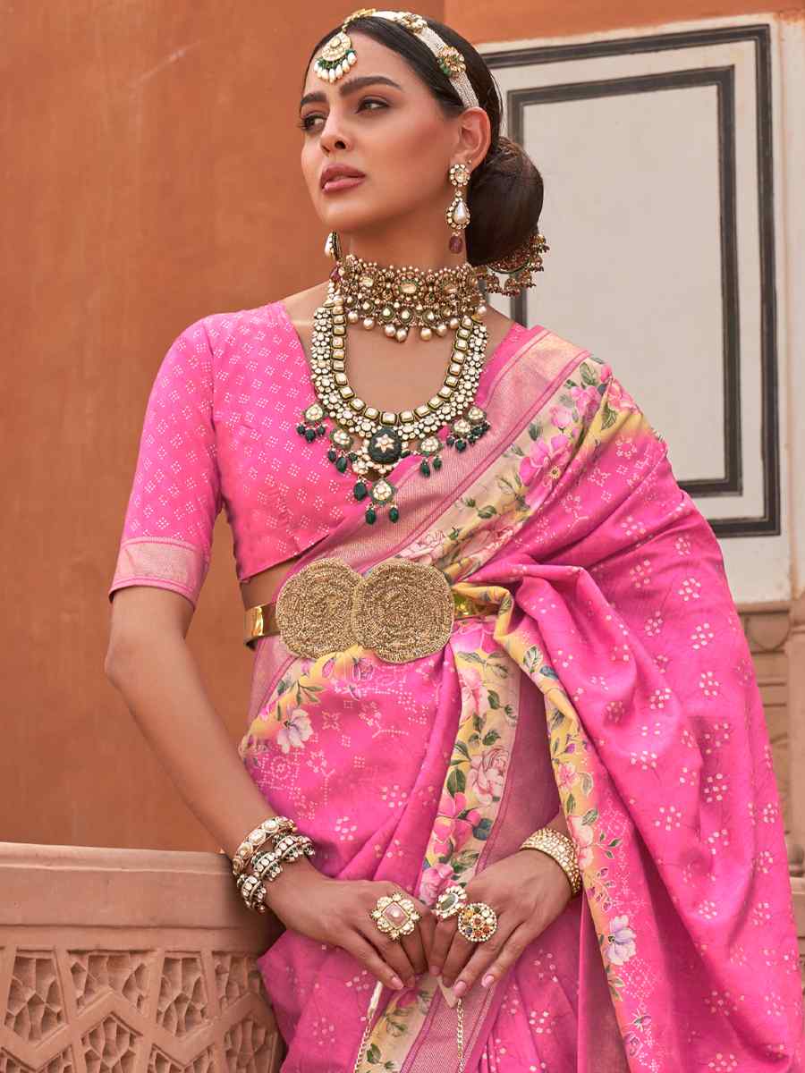 Flamingo Pink Silk Printed Casual Festival Classic Style Saree