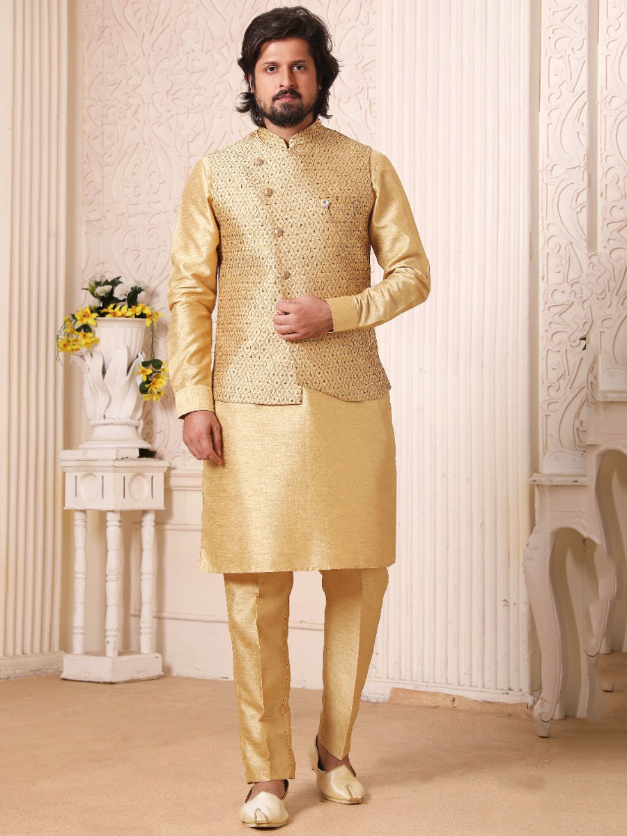 Flax Yellow Banarasi Silk Wedding And Festival Plain Kurta with Waistcoat