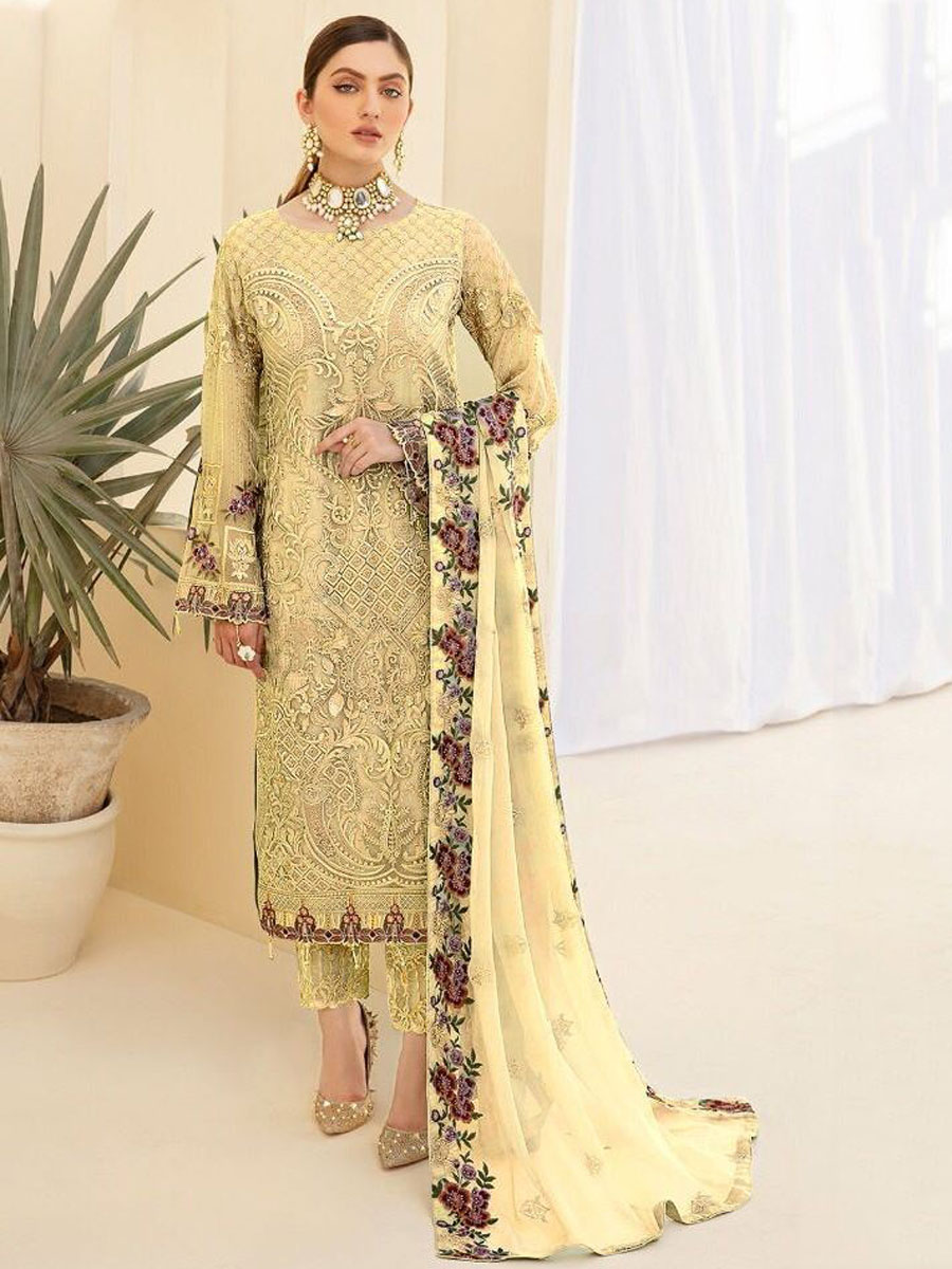 Flax Yellow Faux Georgette Embroidered Party Pant Kameez