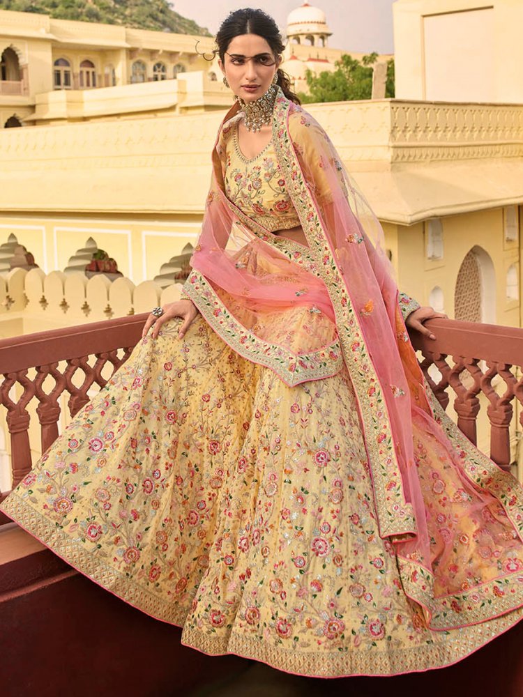 Flax Yellow Organza Embroidered Wedding Lehenga Choli