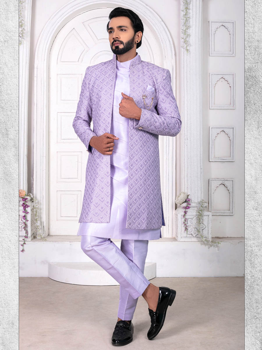 Floral Violet Silk Embroidered Wedding Groom Sherwani