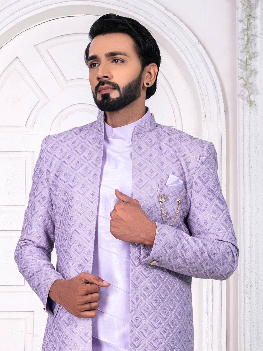 Floral Violet Silk Embroidered Wedding Groom Sherwani