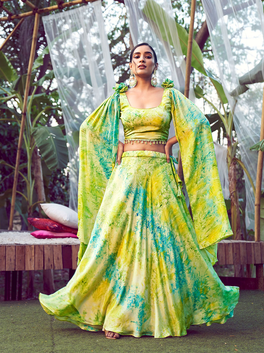 Fluorescent Green Silk Printed Bridesmaid Wedding Ready Circular Lehenga Choli
