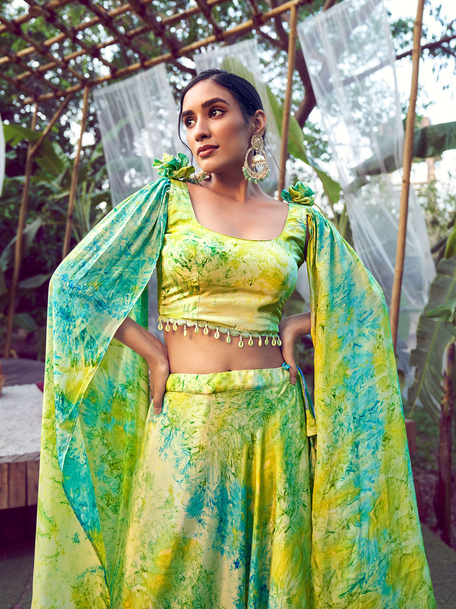 Fluorescent Green Silk Printed Bridesmaid Wedding Ready Circular Lehenga Choli