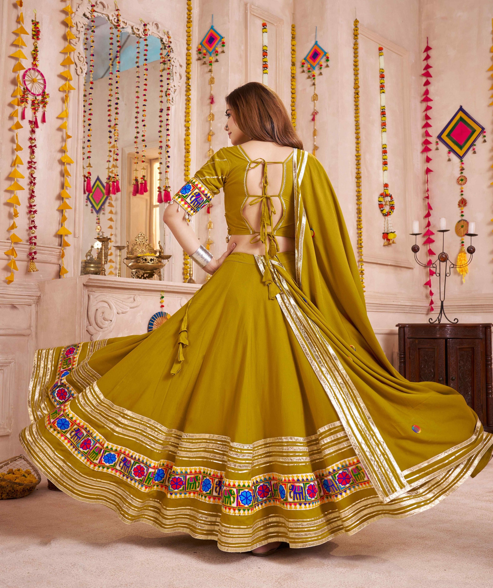 Fluorescent Green Viscose Cotton Embroidered Festival Traditional Lehenga Choli