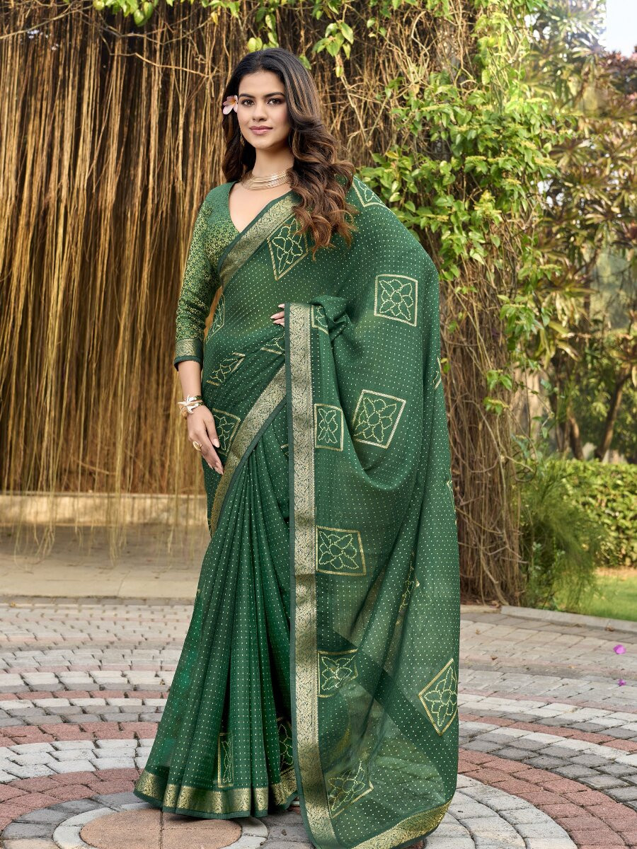 Forest Green Silk Printed Wedding Reception Party Festival Casual Heavy Border Sarees