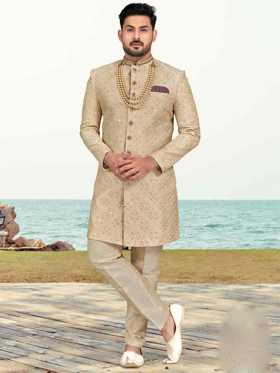 Foun Colour Banarasi Silk Embroidered Wedding Festival Sherwani