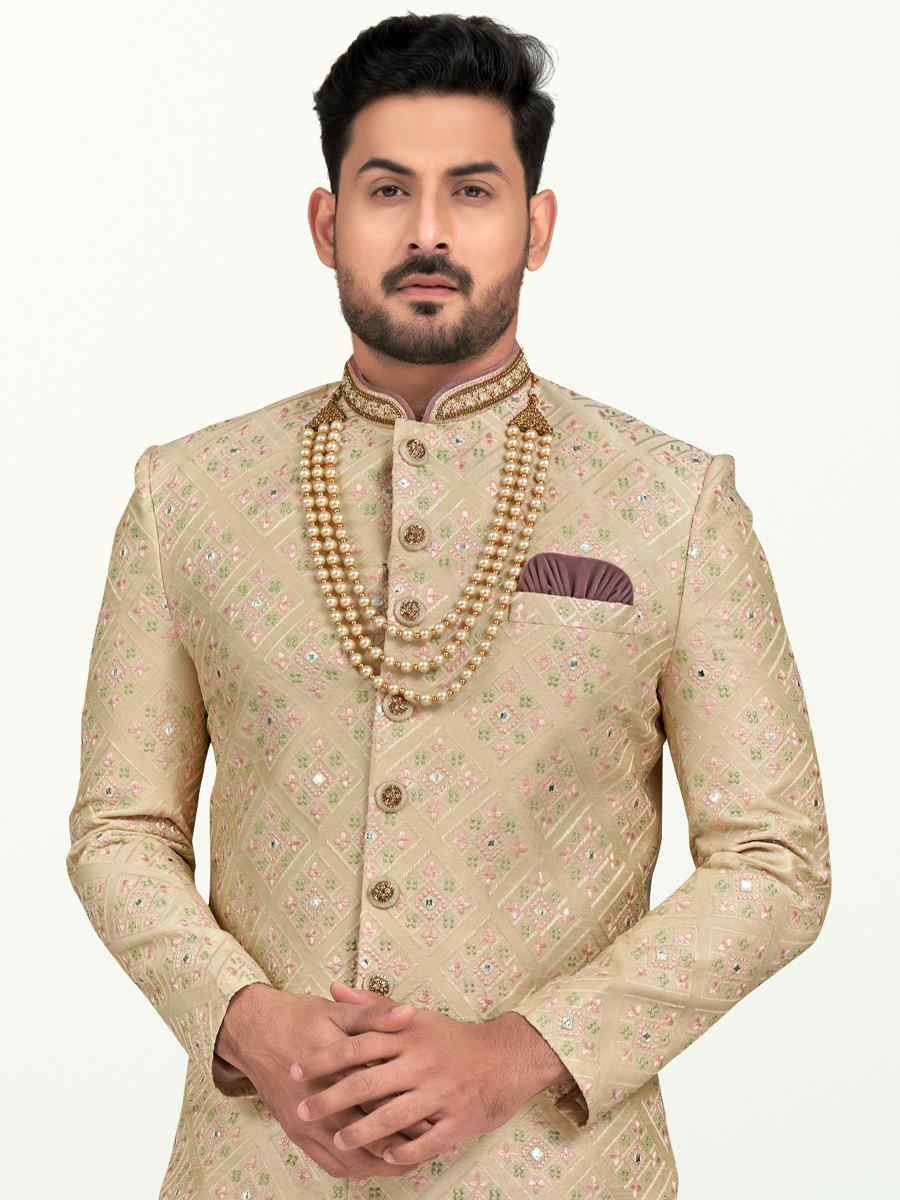 Foun Colour Banarasi Silk Embroidered Wedding Festival Sherwani