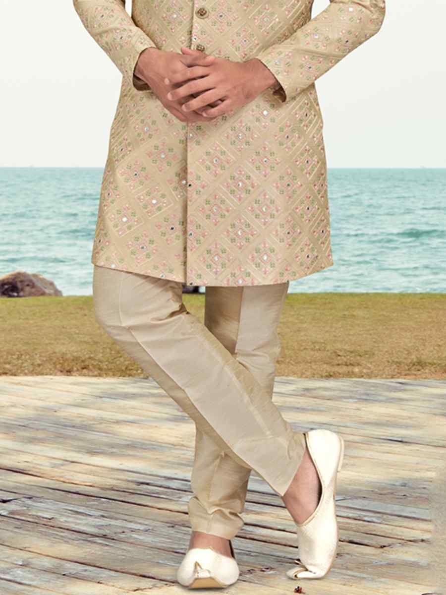 Foun Colour Banarasi Silk Embroidered Wedding Festival Sherwani
