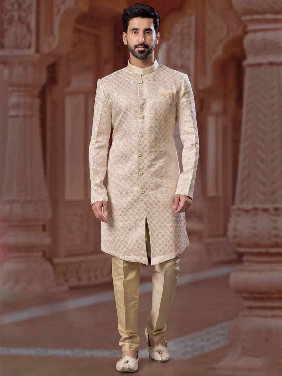 Fown Cream Jacquard Embroidered Groom Wedding Sherwani