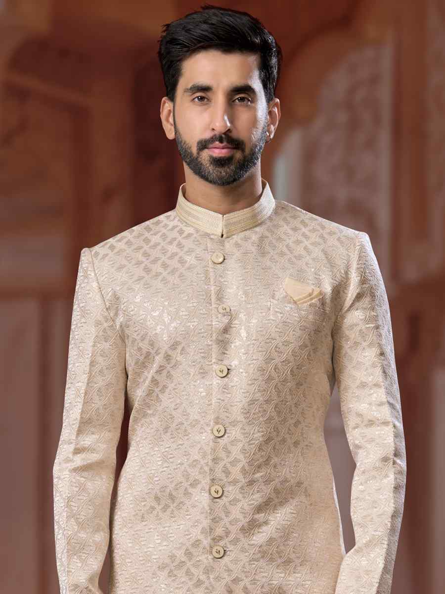 Fown Cream Jacquard Embroidered Groom Wedding Sherwani