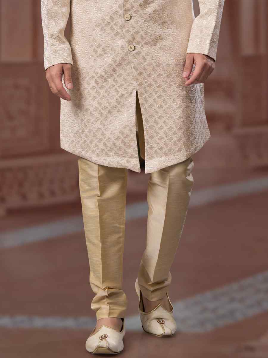 Fown Cream Jacquard Embroidered Groom Wedding Sherwani