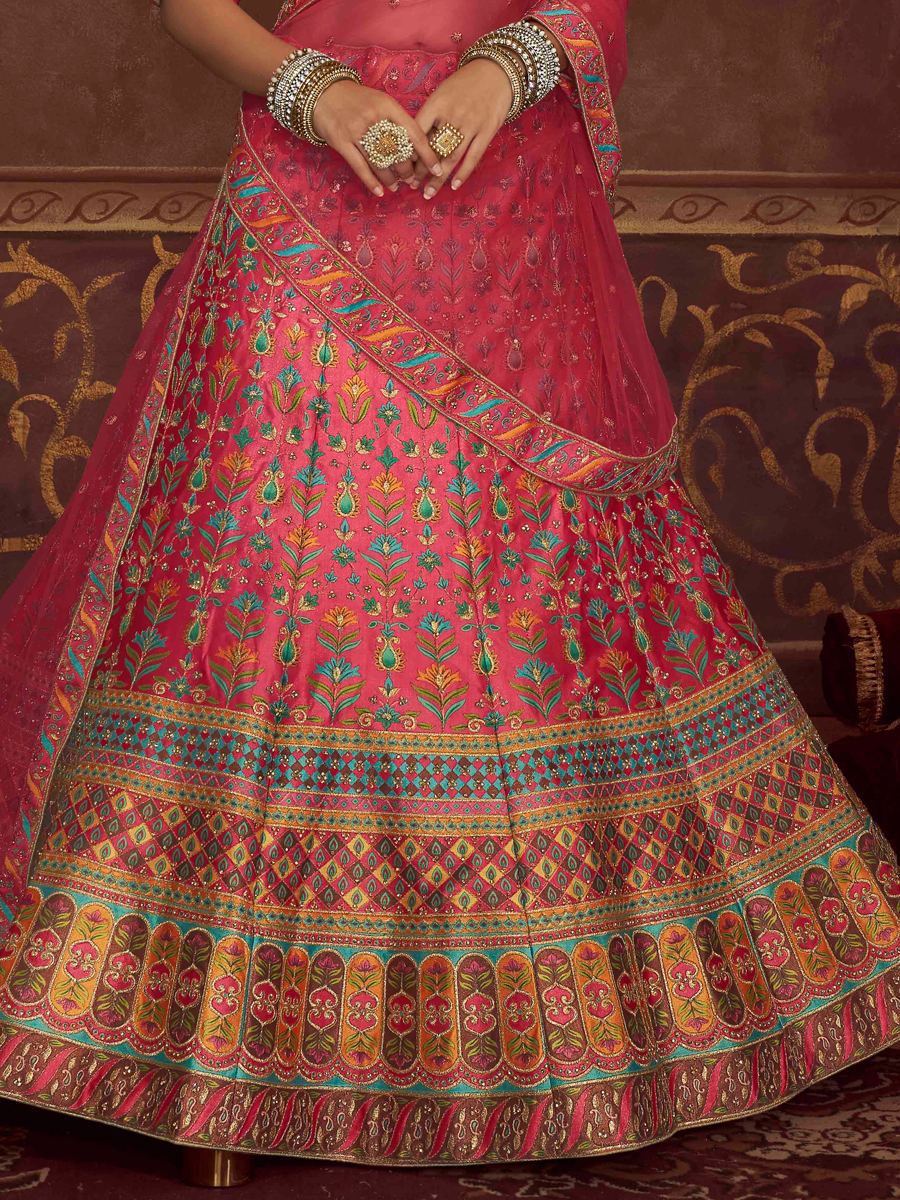 French Rose Pink Art Silk Embroidered Wedding Lehenga Choli