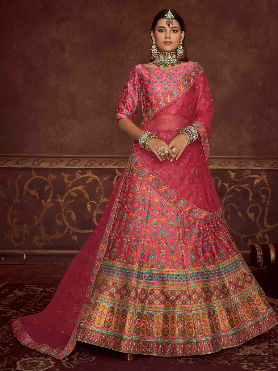 French Rose Pink Art Silk Embroidered Wedding Lehenga Choli