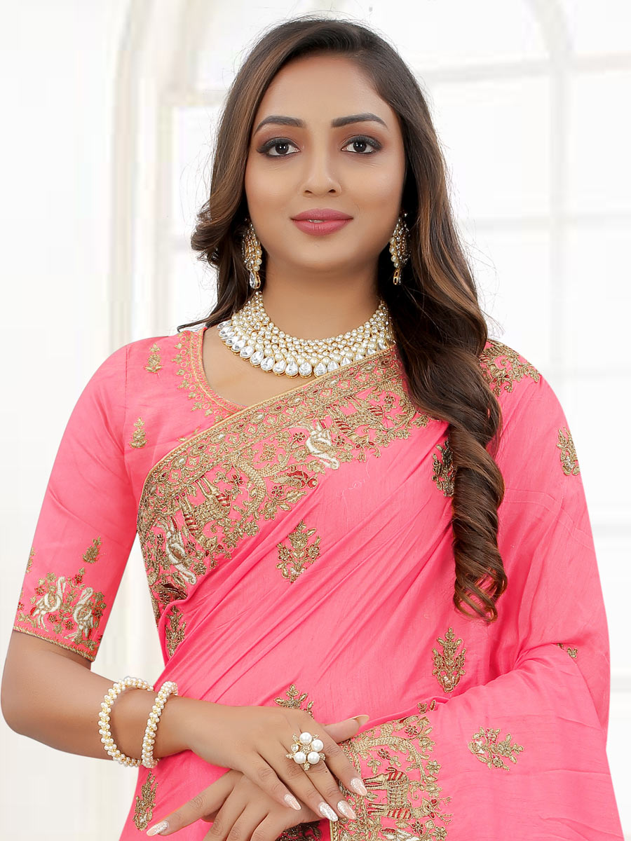 French Rose Pink Dola Silk Embroidered Party Saree