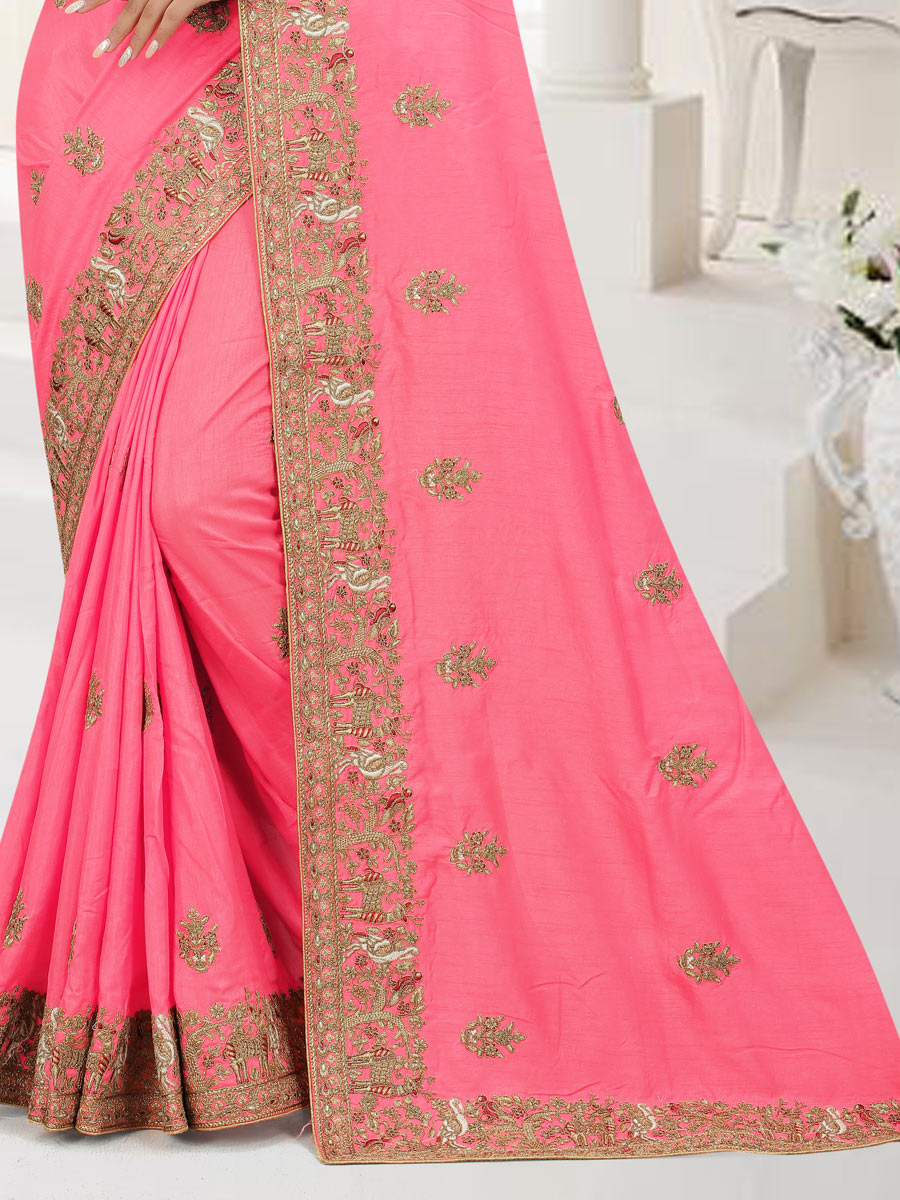 French Rose Pink Dola Silk Embroidered Party Saree