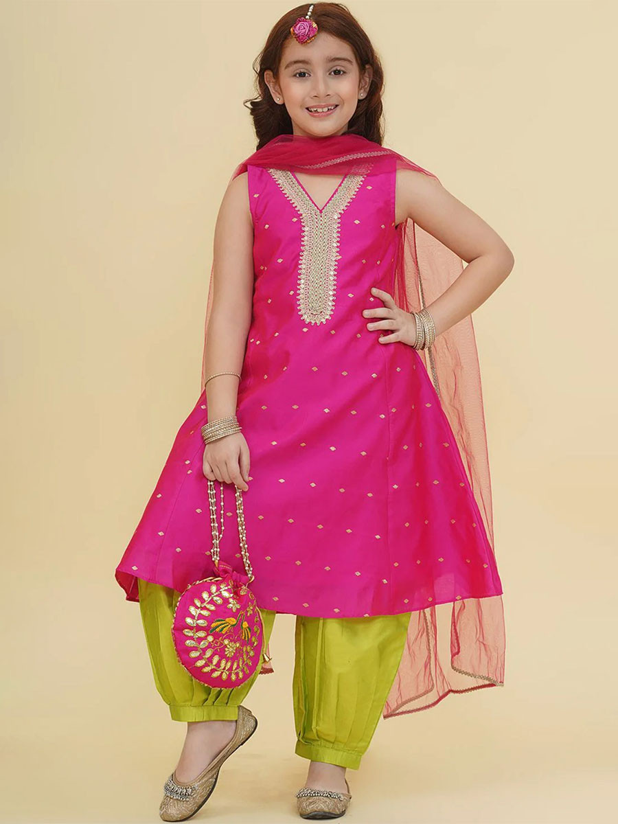 Fuchsia Pink Silk Embroidered Ethnic Casual Festival Party Wedding Salwars Girls Wear