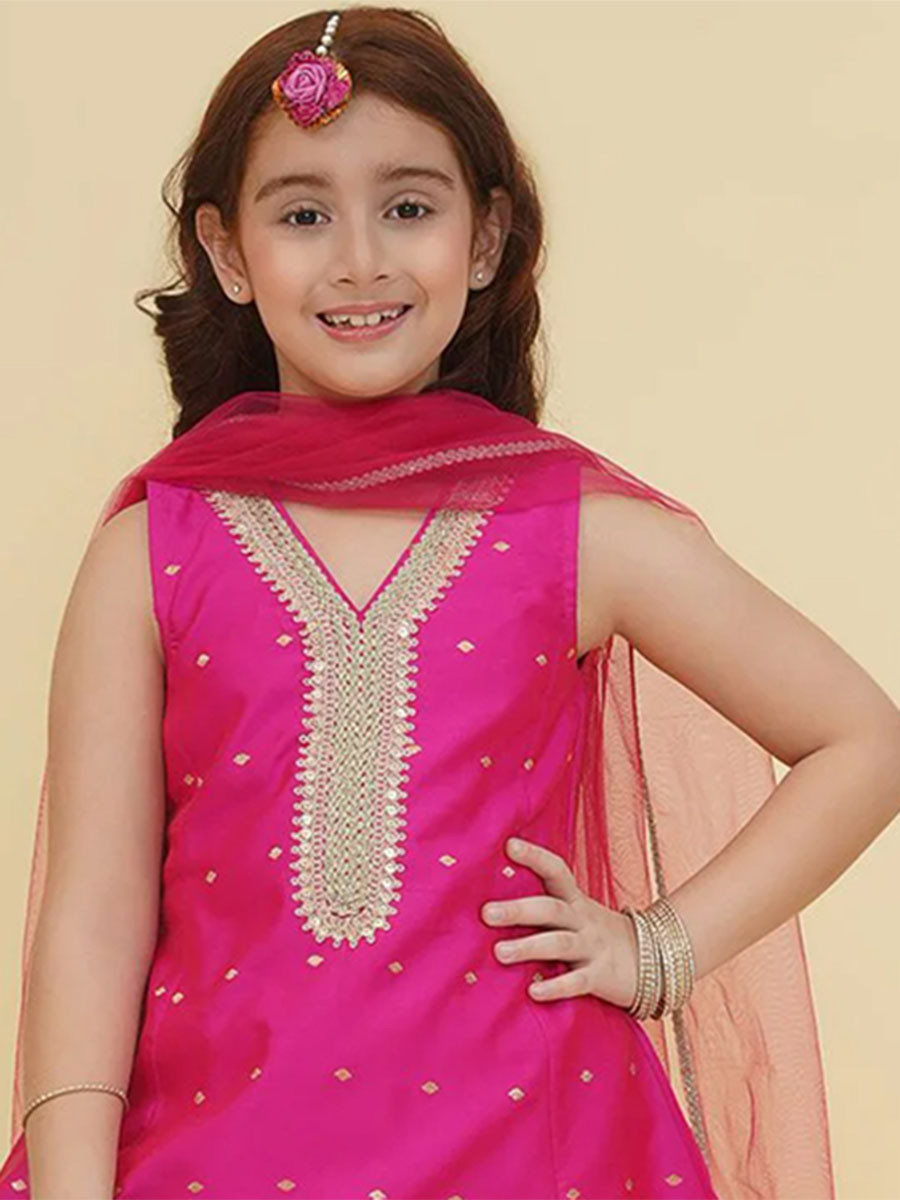 Fuchsia Pink Silk Embroidered Ethnic Casual Festival Party Wedding Salwars Girls Wear