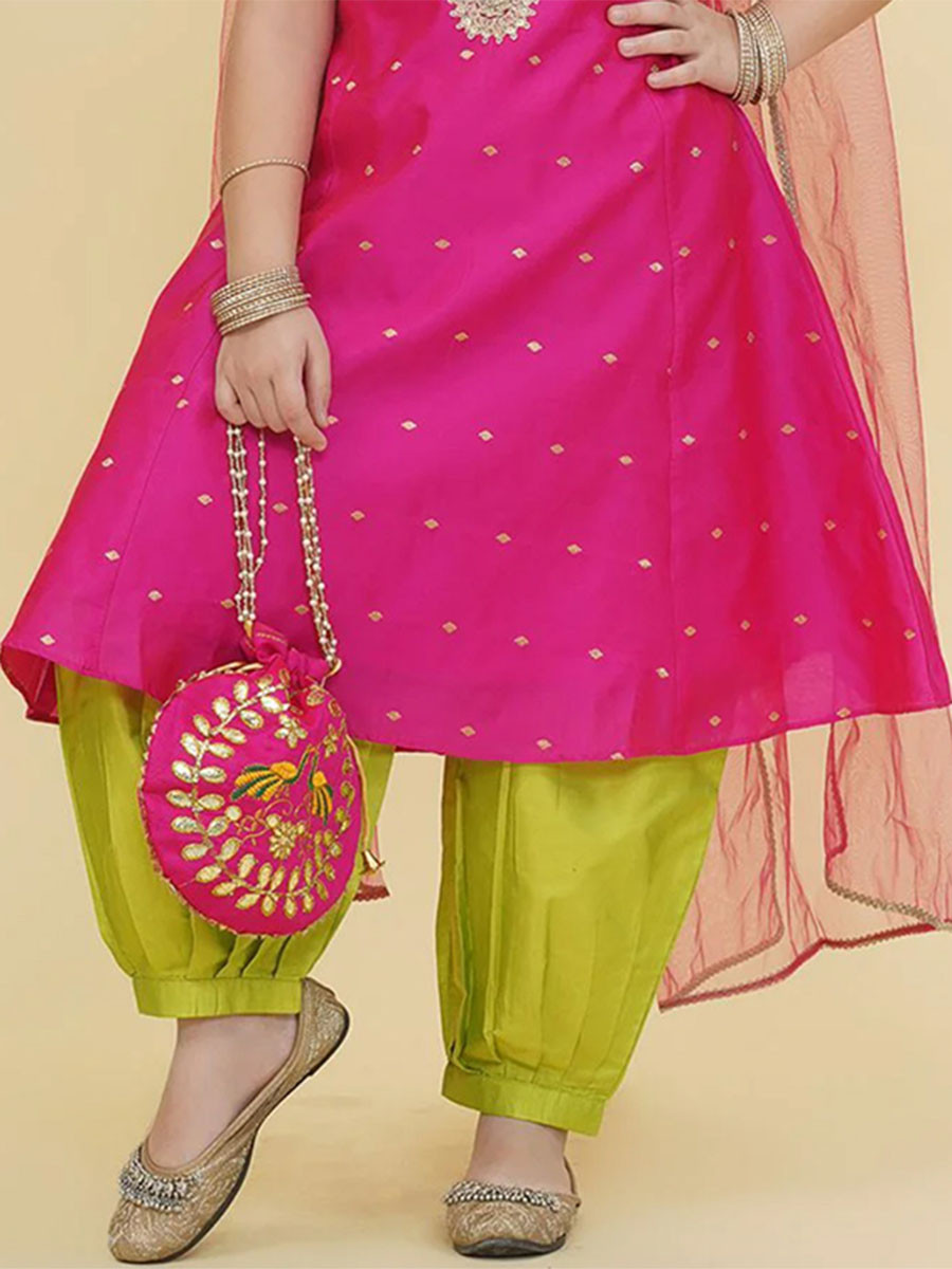 Fuchsia Pink Silk Embroidered Ethnic Casual Festival Party Wedding Salwars Girls Wear