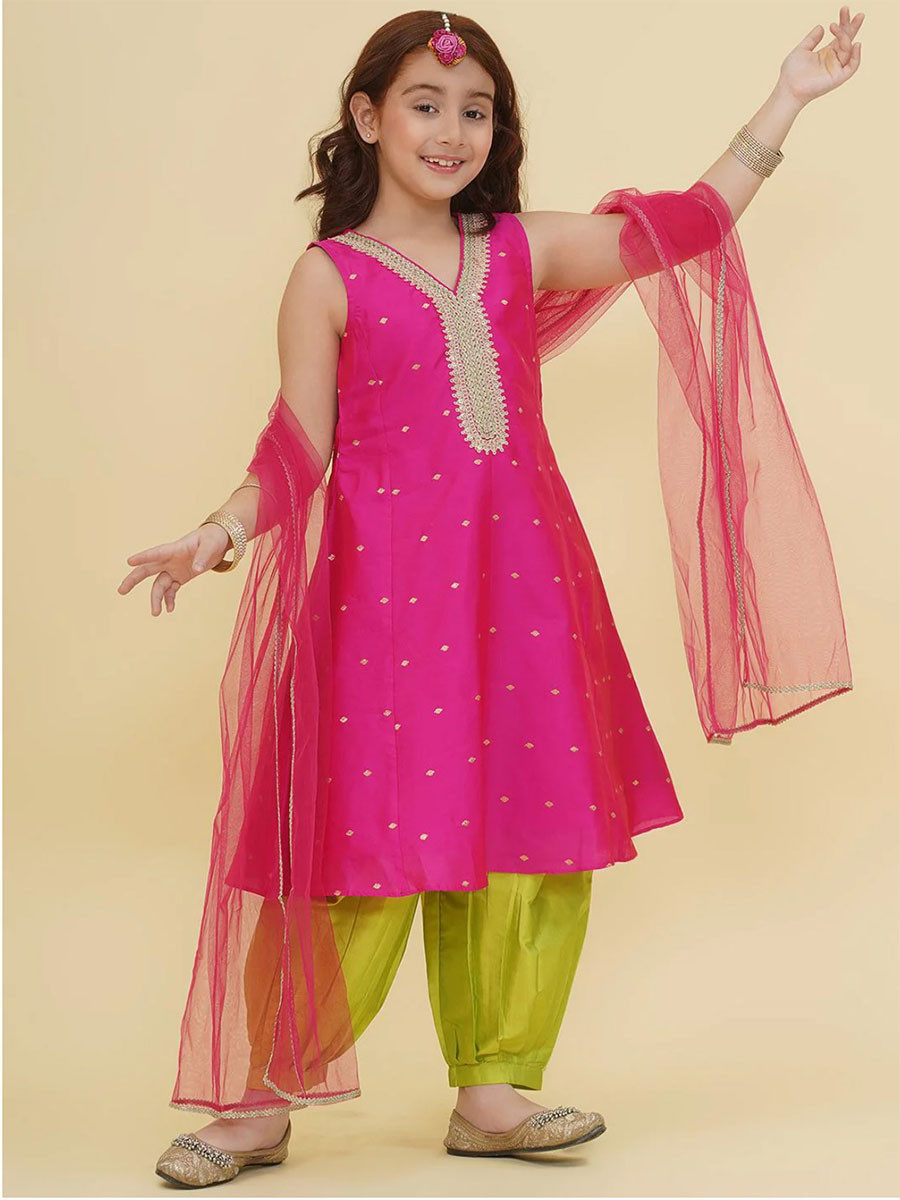 Fuchsia Pink Silk Embroidered Ethnic Casual Festival Party Wedding Salwars Girls Wear