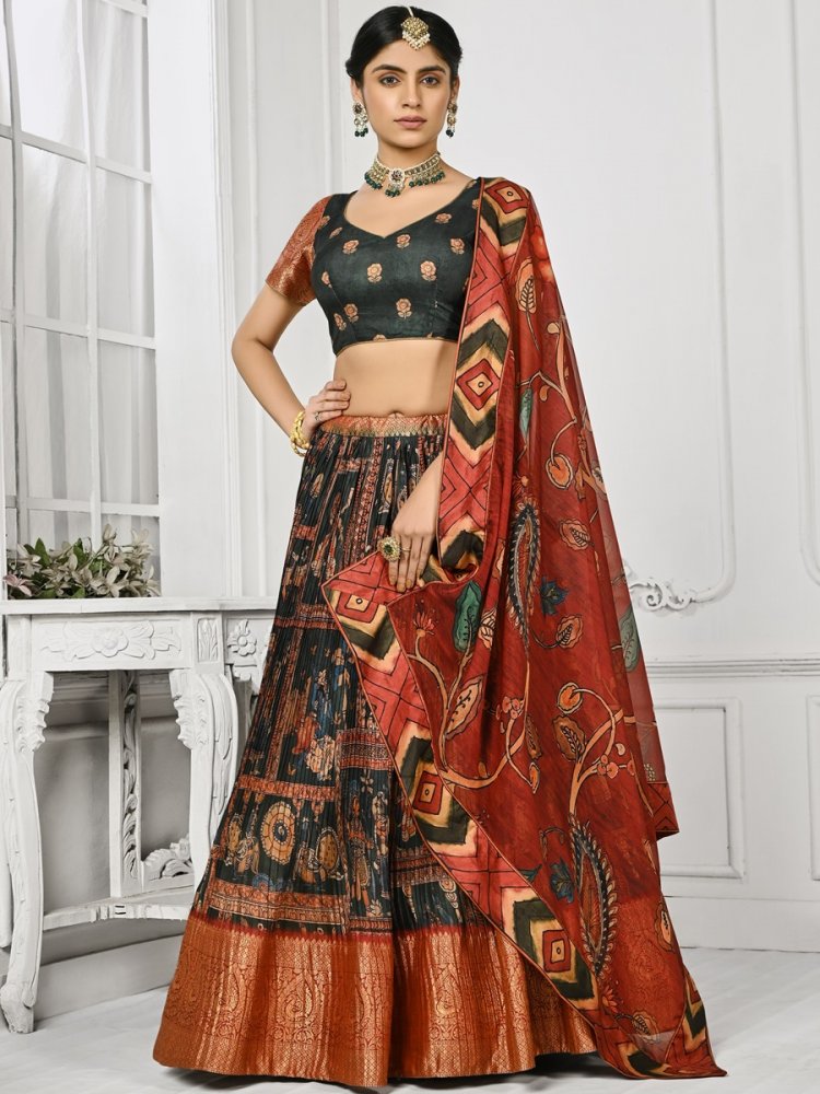 Multi Pure Silk Printed Mehendi Festival Circular Lehenga Choli