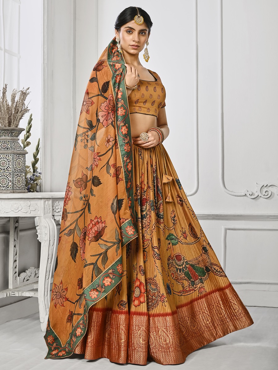 Mustard Pure Silk Printed Mehendi Festival Circular Lehenga Choli