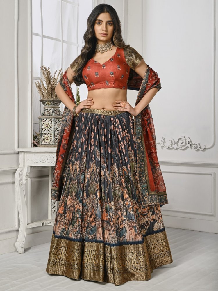 Multi Pure Silk Printed Mehendi Festival Circular Lehenga Choli