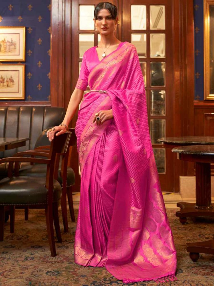 Fuschia Pink Pure Satin Silk Handwoven Wedding Festival Classic Style Saree