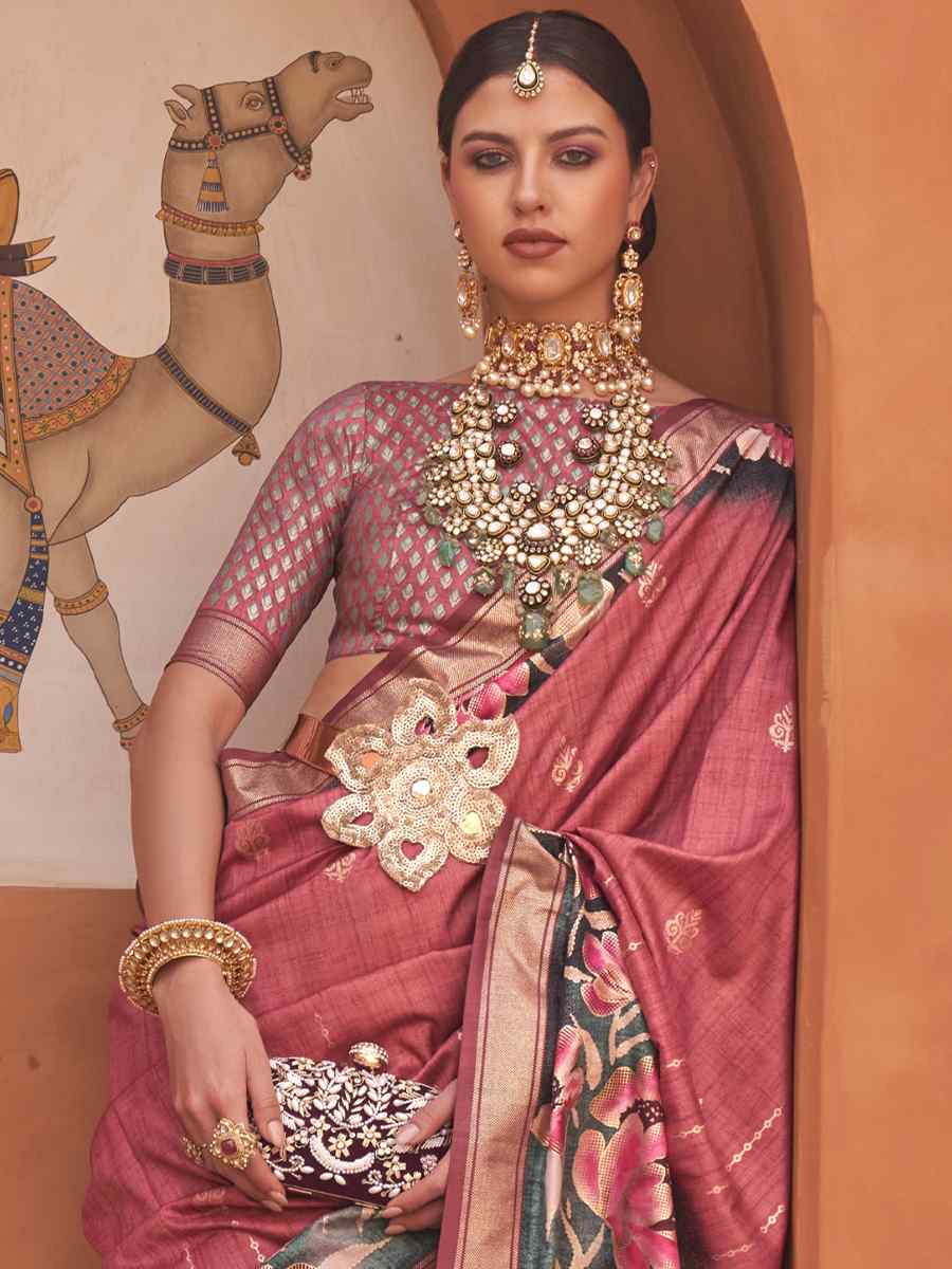 Fuzzy Wuzzy Brown Silk Printed Casual Festival Classic Style Saree