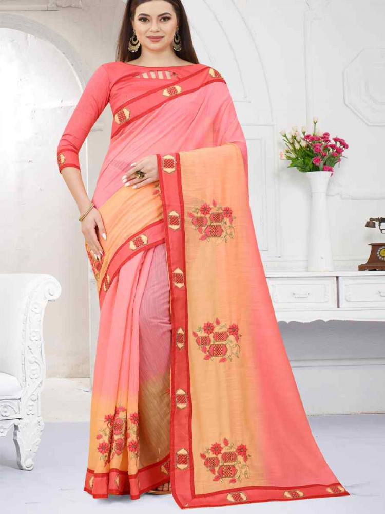 Image of Gajari And Orange And Orange Art Silk Embroidery Casual Reception Festival Wedding Fancy Heavy Border Saree
