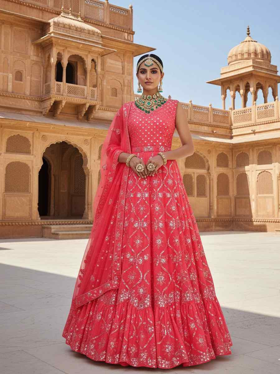 Gajari Georgette Embroidered Bridal Wedding Reception Festival Heavy Border Lehenga Choli