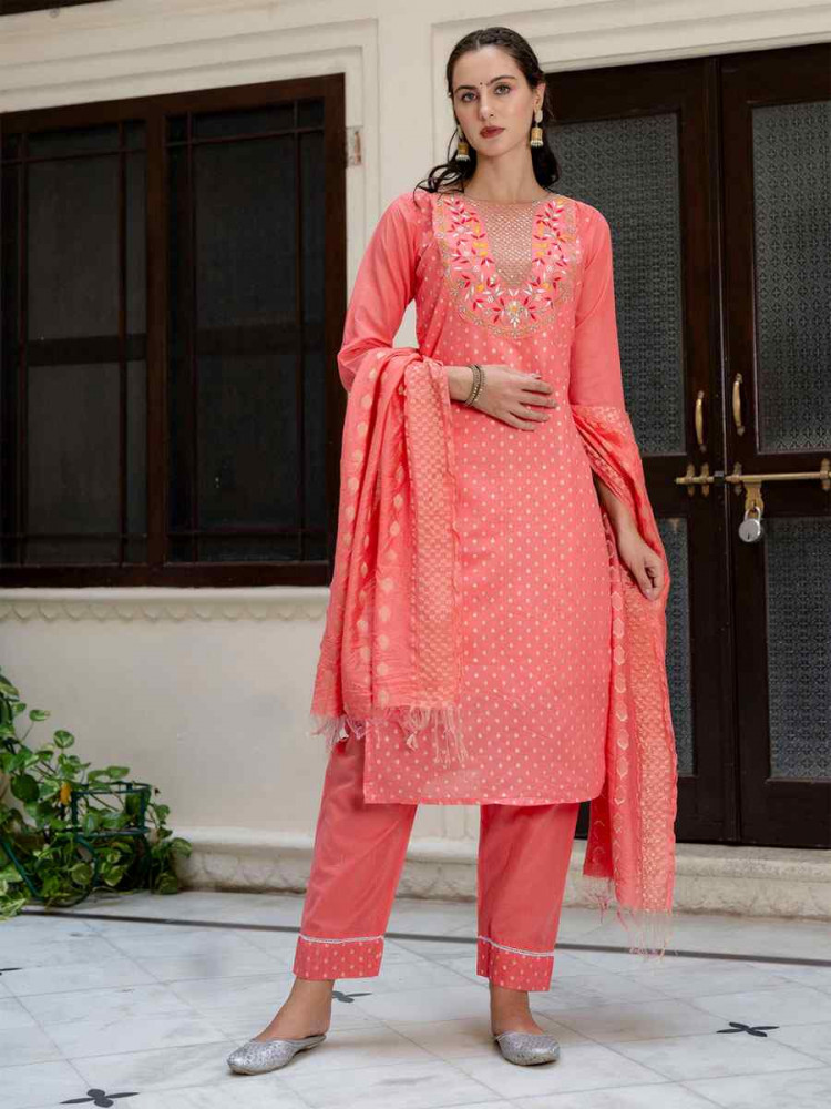 Image of Gajri Chanderi Silk Embroidery Party Wedding Festival Casual Ready Pant Salwar Kameez