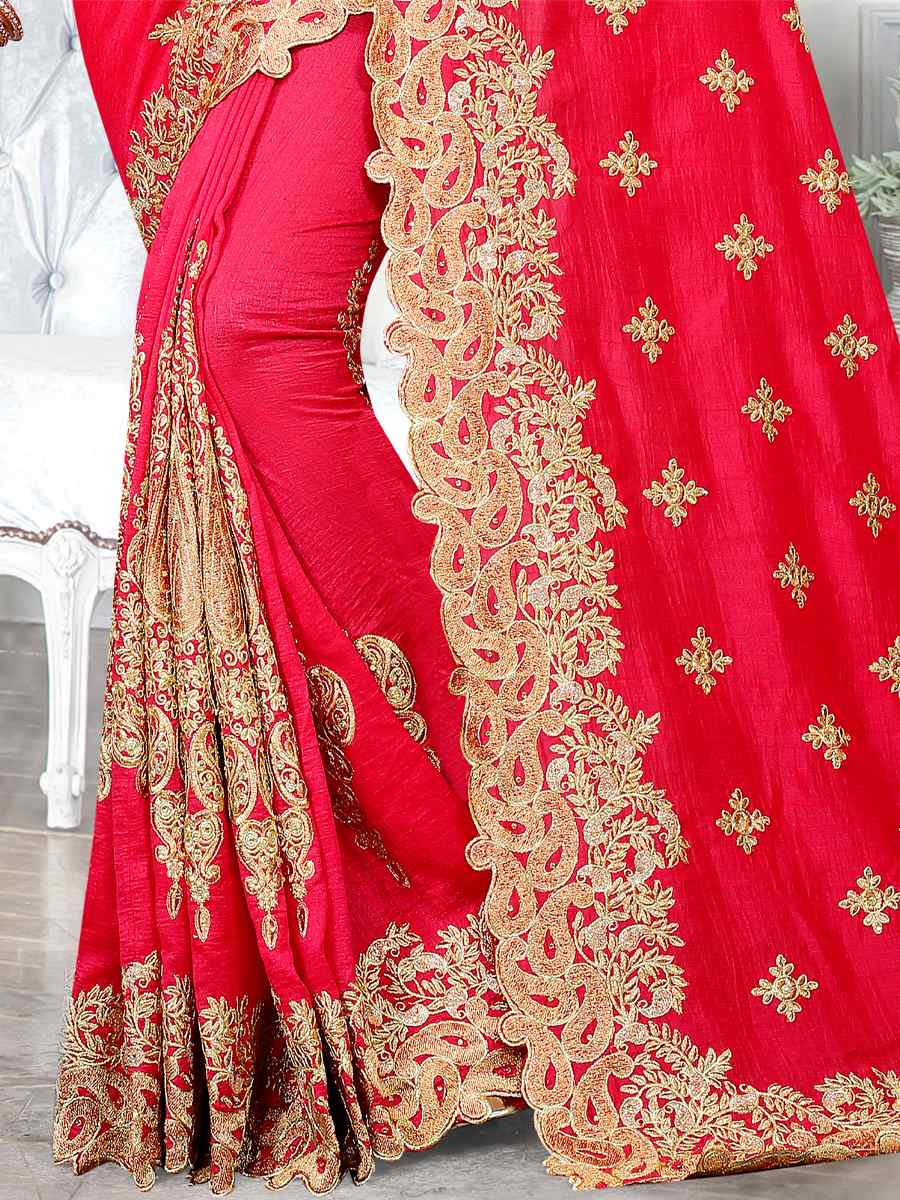 Gajri Cherry Silk Embroidered Wedding Festival Heavy Border Saree