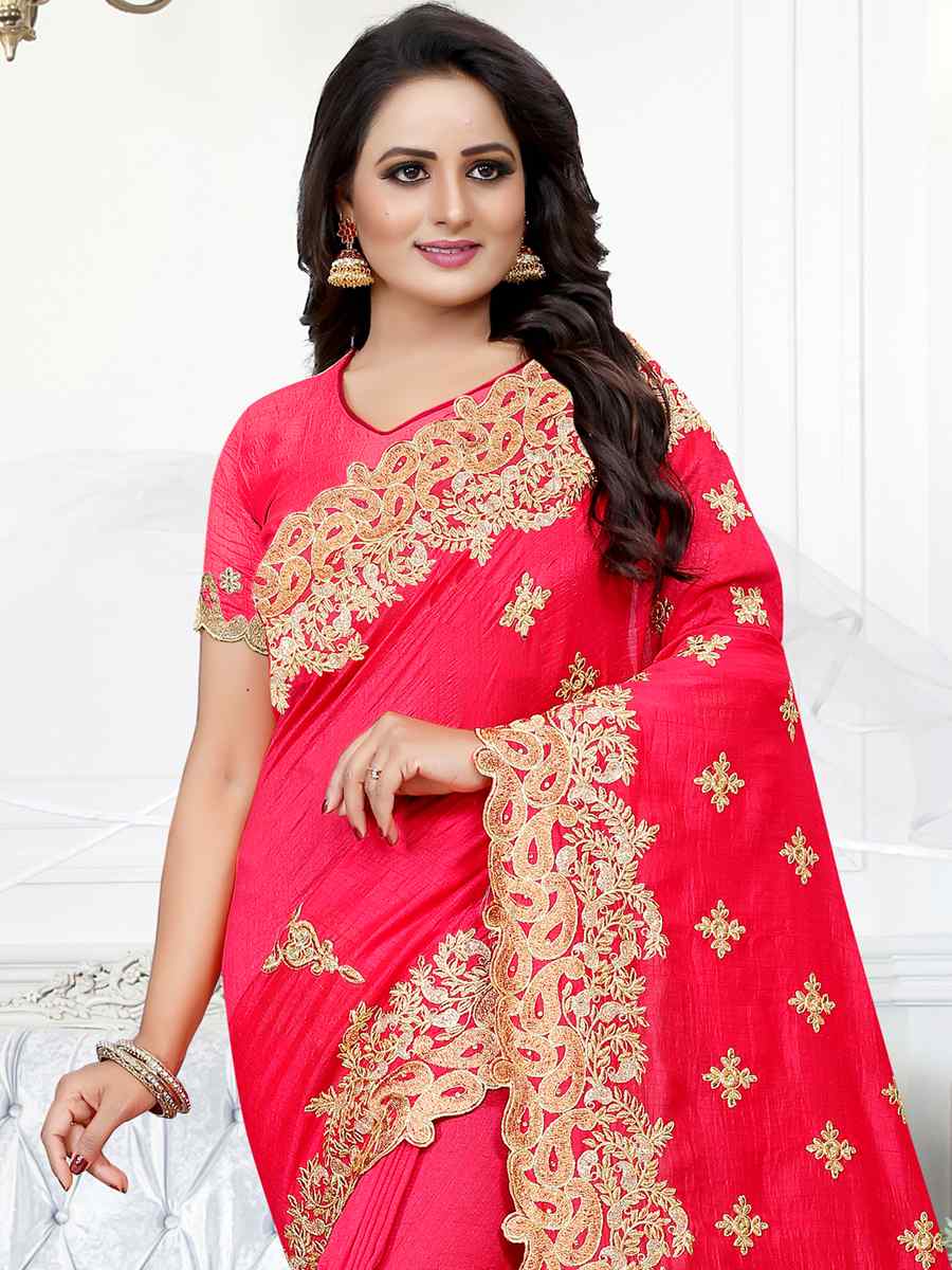 Gajri Cherry Silk Embroidered Wedding Festival Heavy Border Saree