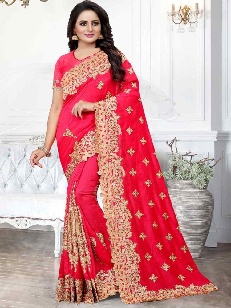 Gajri Cherry Silk Embroidered Wedding Festival Heavy Border Saree