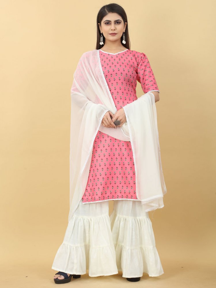 Gajri Pink Magic Slub Cotton Printed Festival Casual Ready Sharara Pant Salwar Kameez
