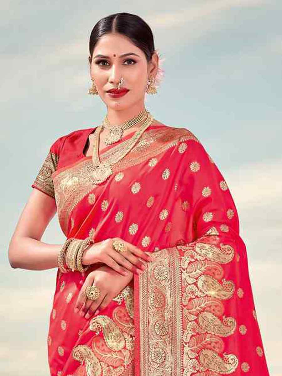 Gajri Red Banarasi Silk Handwoven Wedding Festival Heavy Border Saree