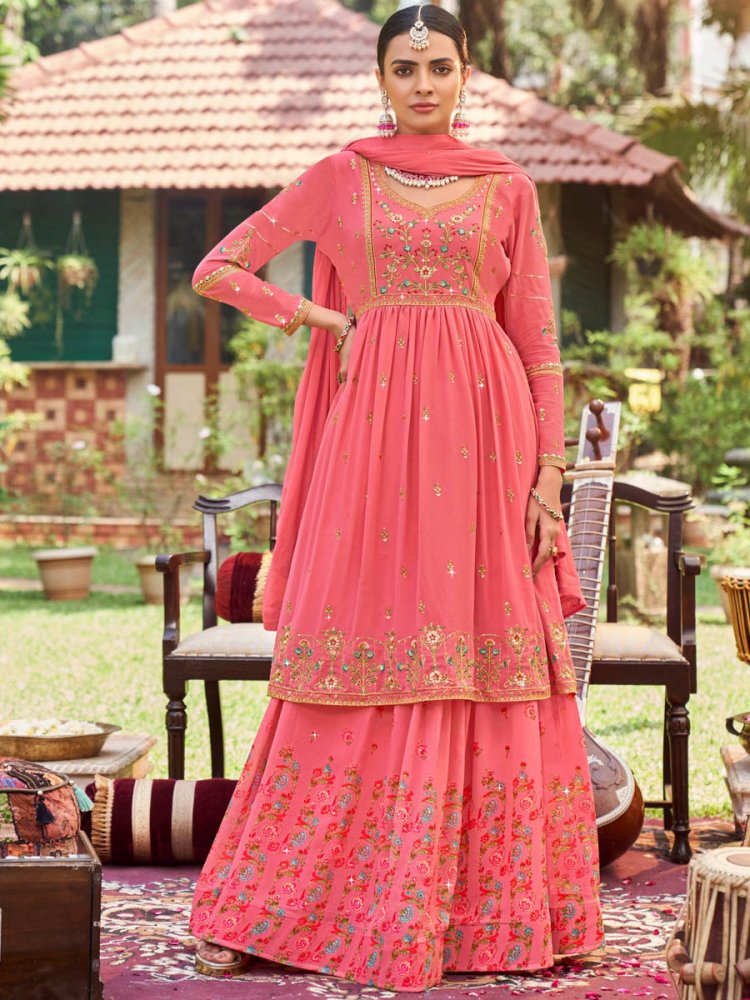 Gajri Red Faux Georgette Embroidered Festival Wedding Kurti Lehenga Choli