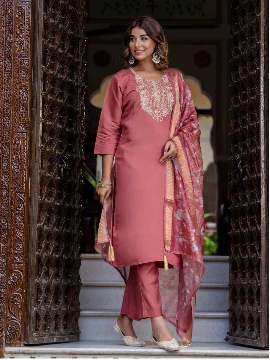 Gajri Silk Blend Embroidered Mehendi Wedding Ready Pant Salwar Kameez