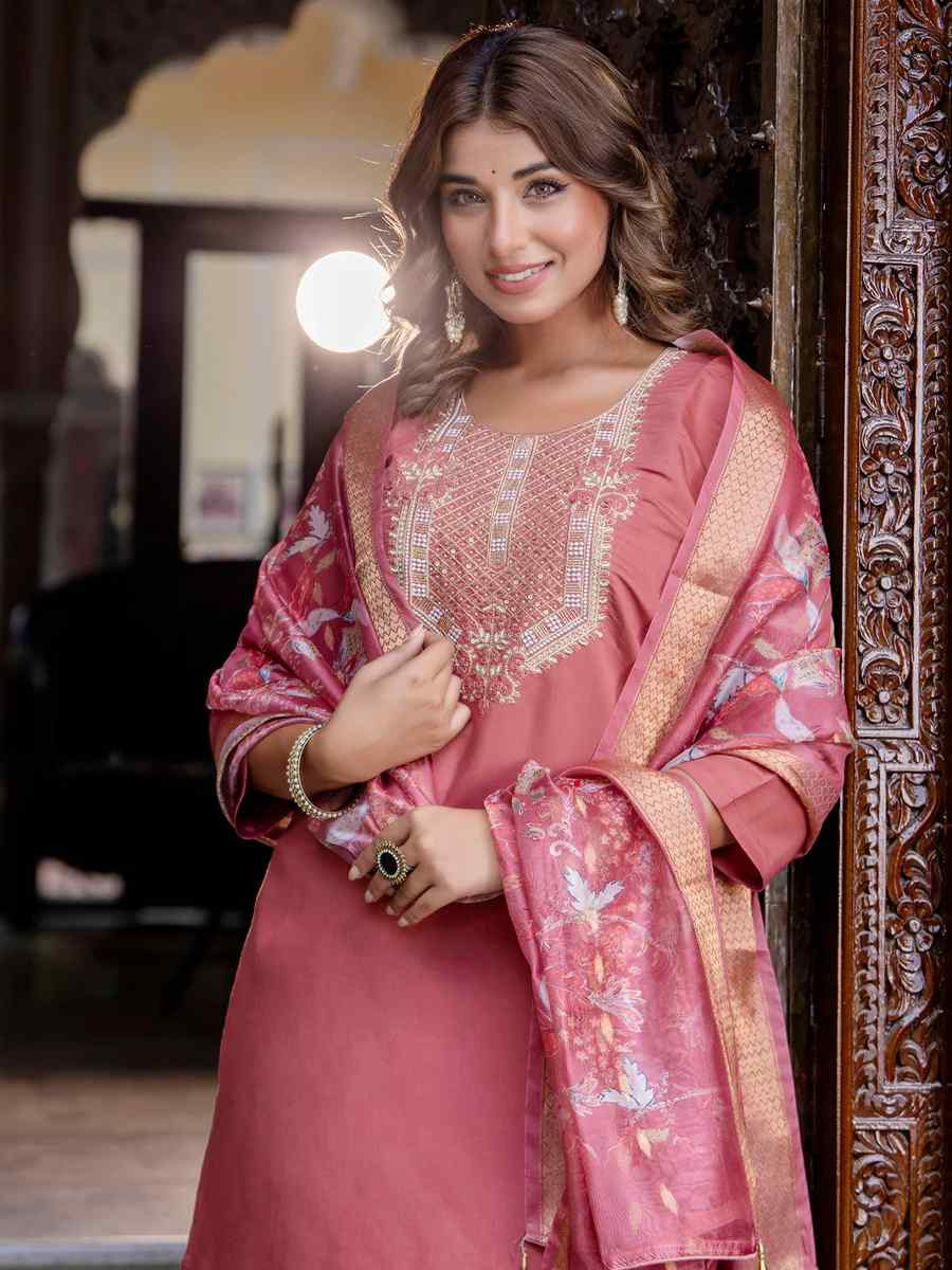 Gajri Silk Blend Embroidered Mehendi Wedding Ready Pant Salwar Kameez