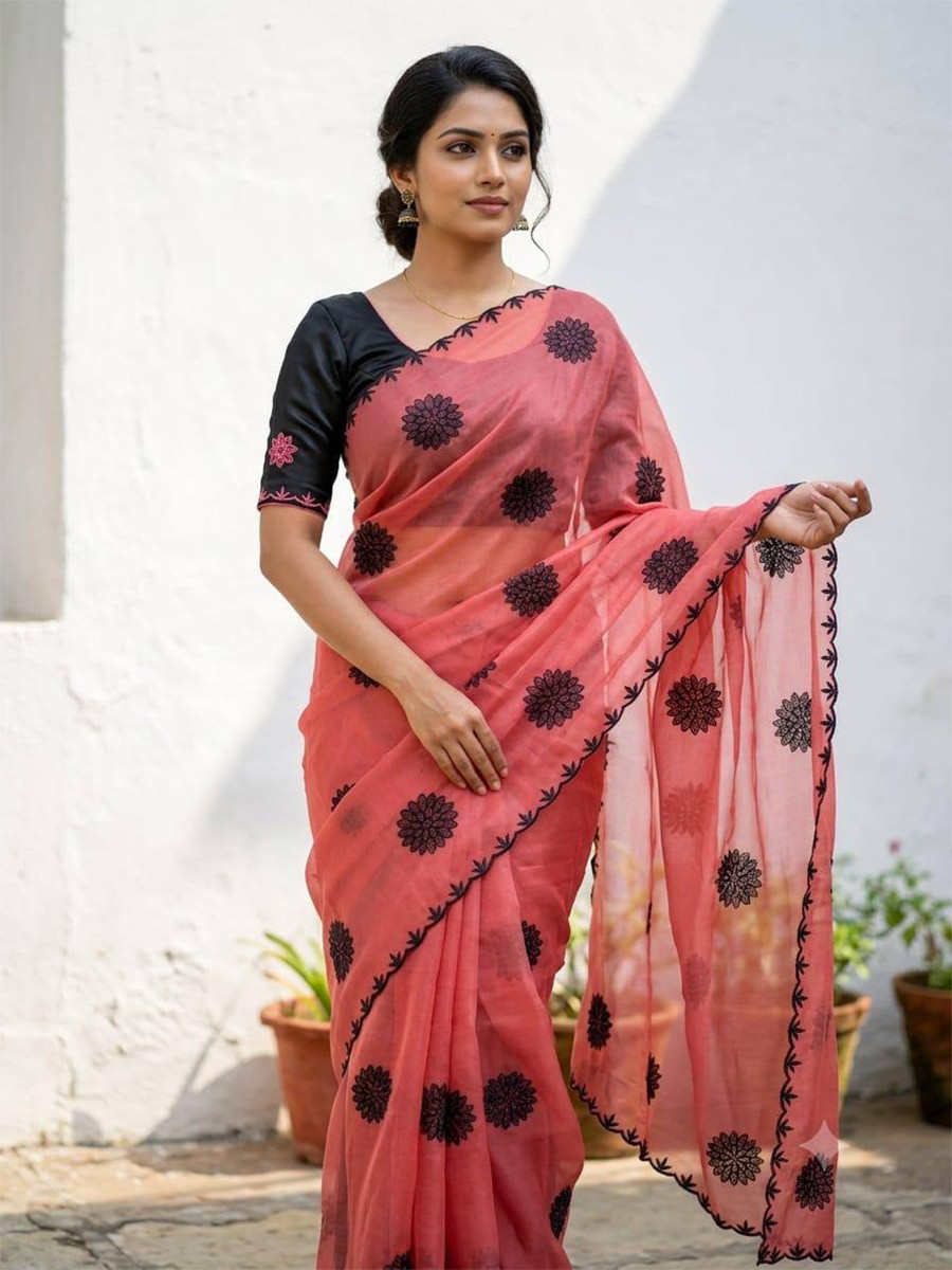 Gajri Star Georgette Embroidery Wedding Reception Party Festival Casual Heavy Border Sarees