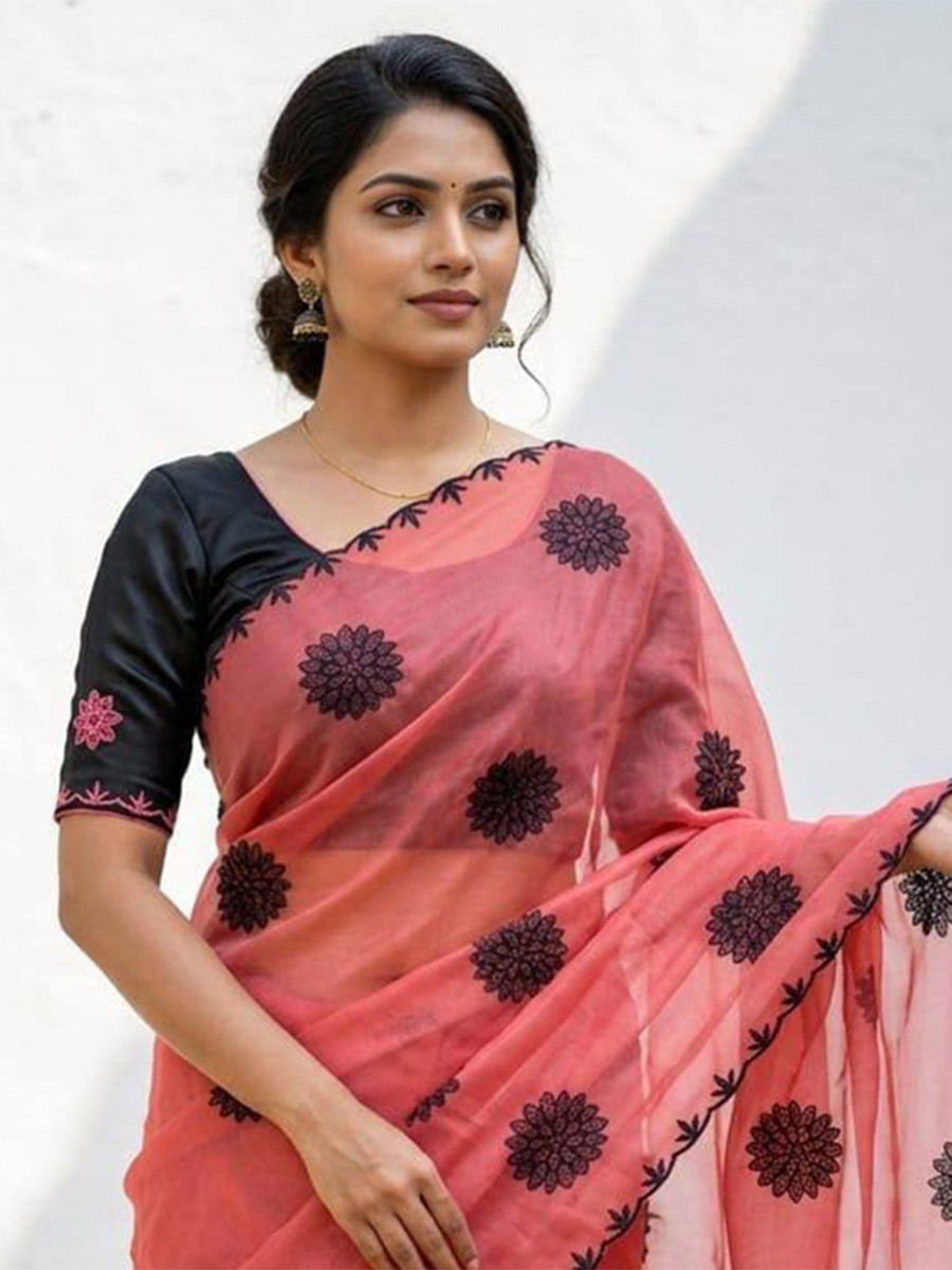 Gajri Star Georgette Embroidery Wedding Reception Party Festival Casual Heavy Border Sarees