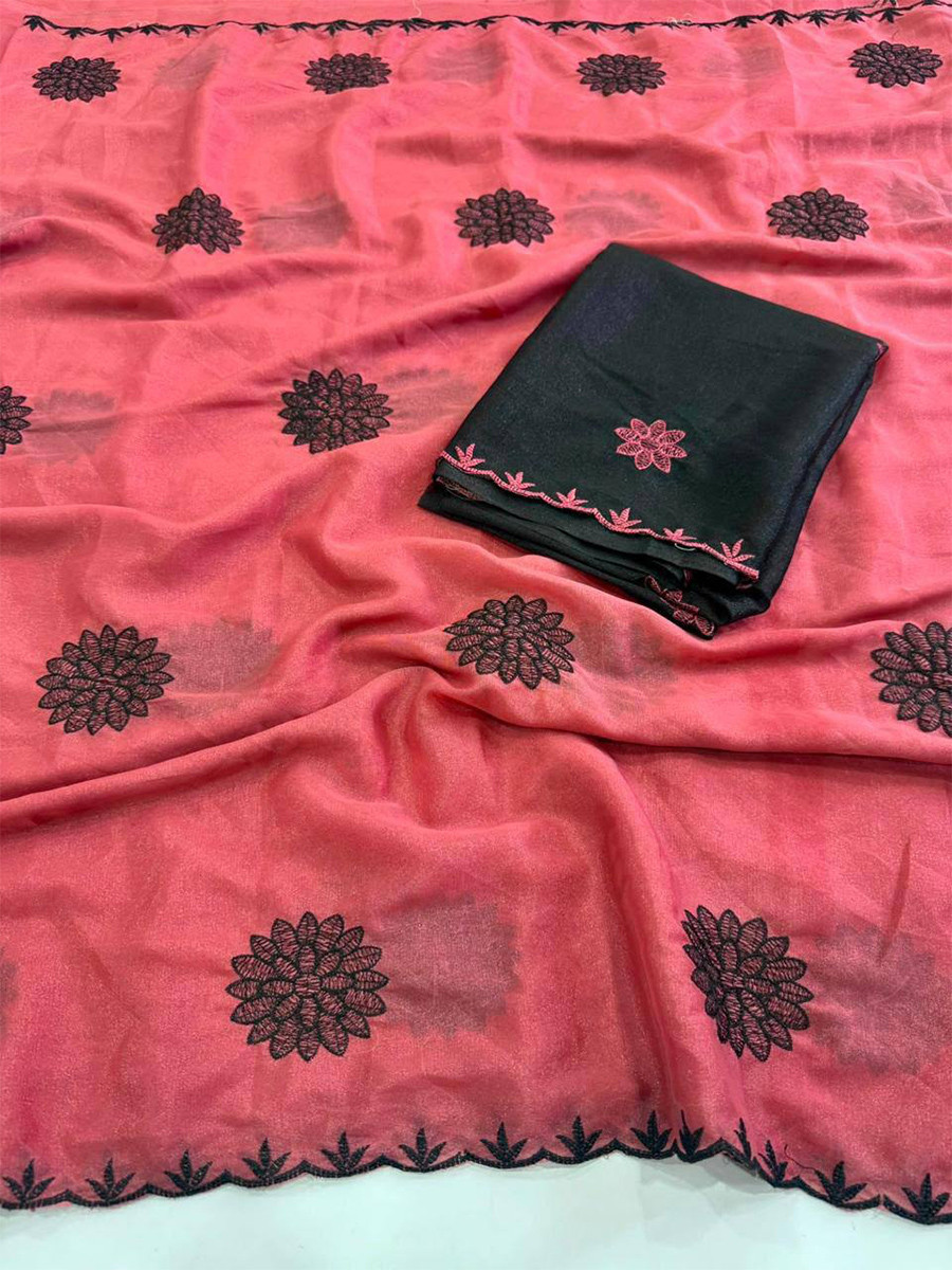 Gajri Star Georgette Embroidery Wedding Reception Party Festival Casual Heavy Border Sarees