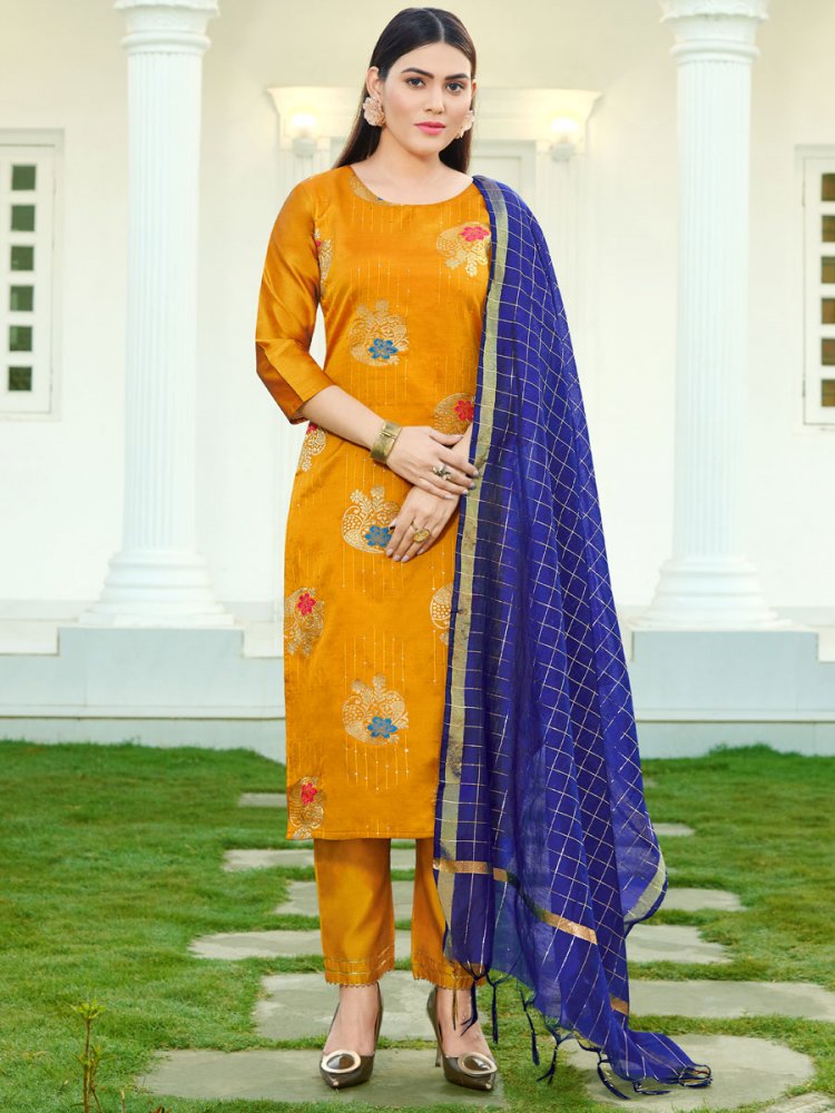 Gamboge Orange Silk Handwoven Festival Pant Kameez