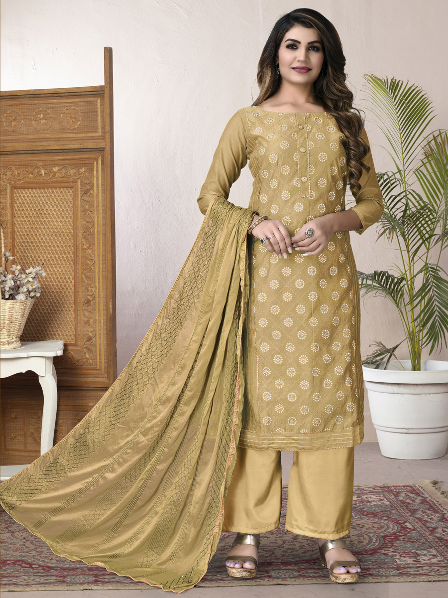 Gamboge Yellow Chanderi Cotton Embroidered Party Palazzo Pant Kameez