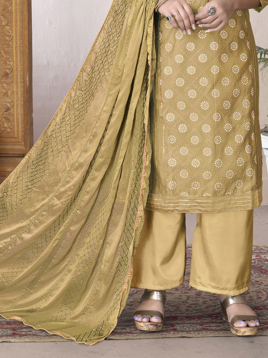 Gamboge Yellow Chanderi Cotton Embroidered Party Palazzo Pant Kameez