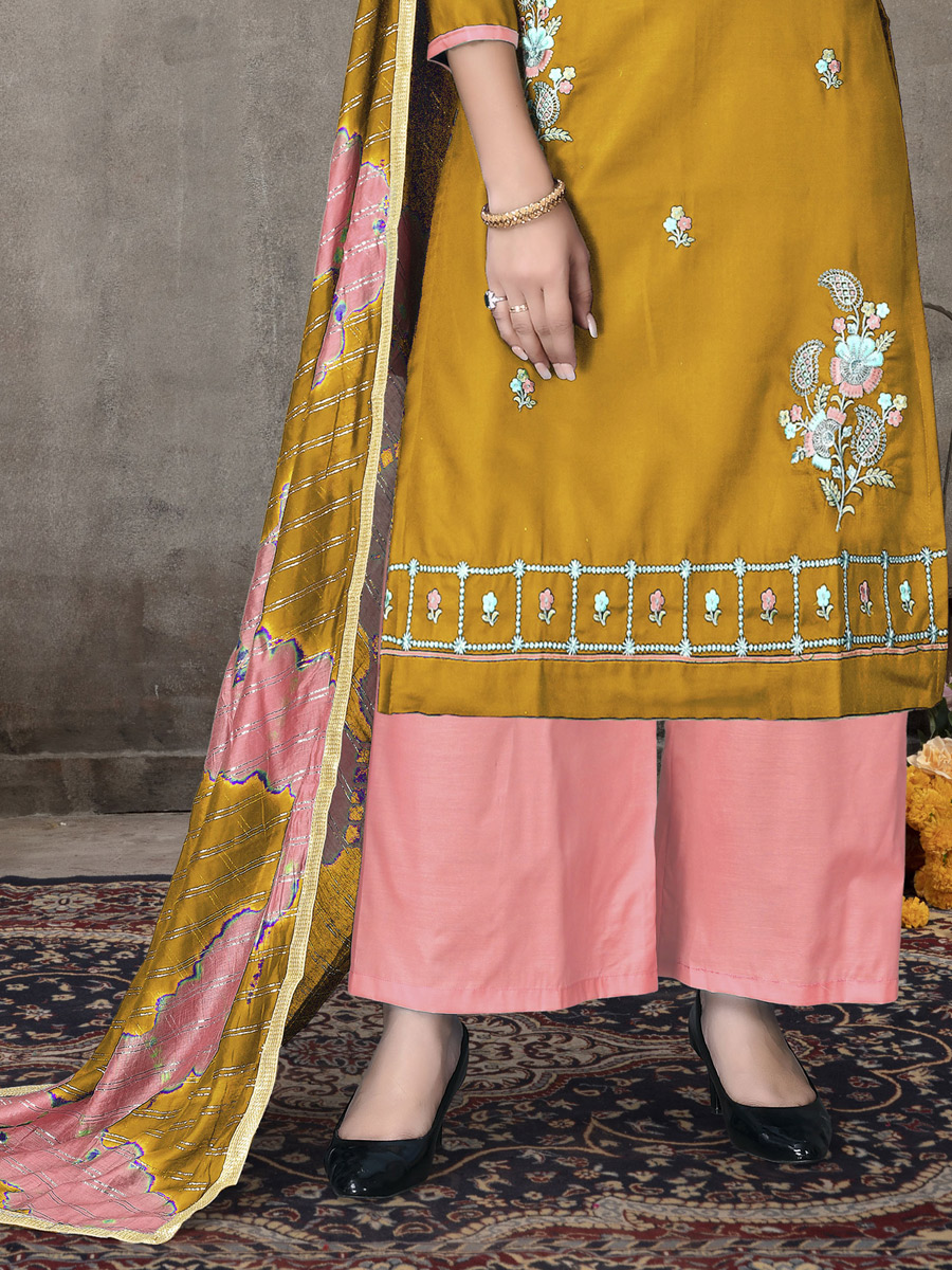 Gamboge Yellow Cotton Embroidered Party Palazzo Pant Kameez