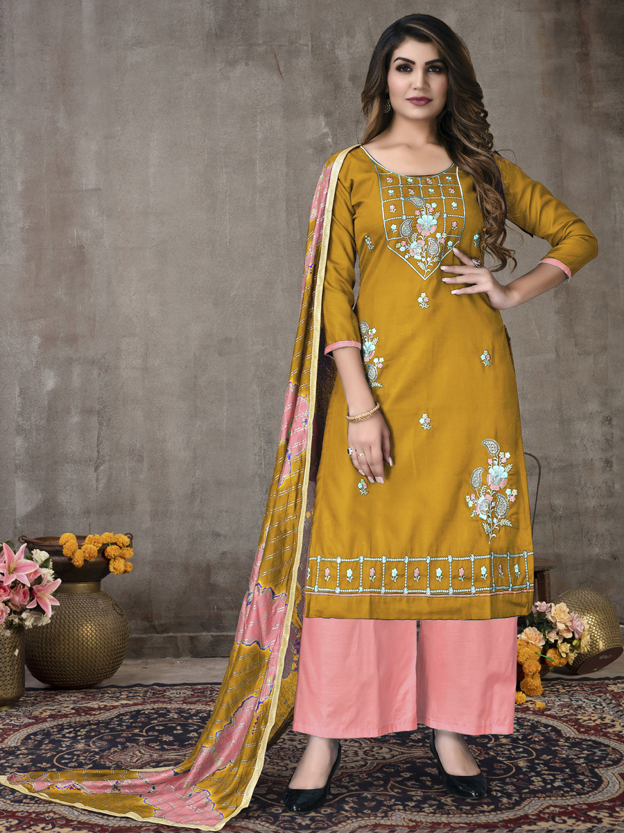 Gamboge Yellow Cotton Embroidered Party Palazzo Pant Kameez