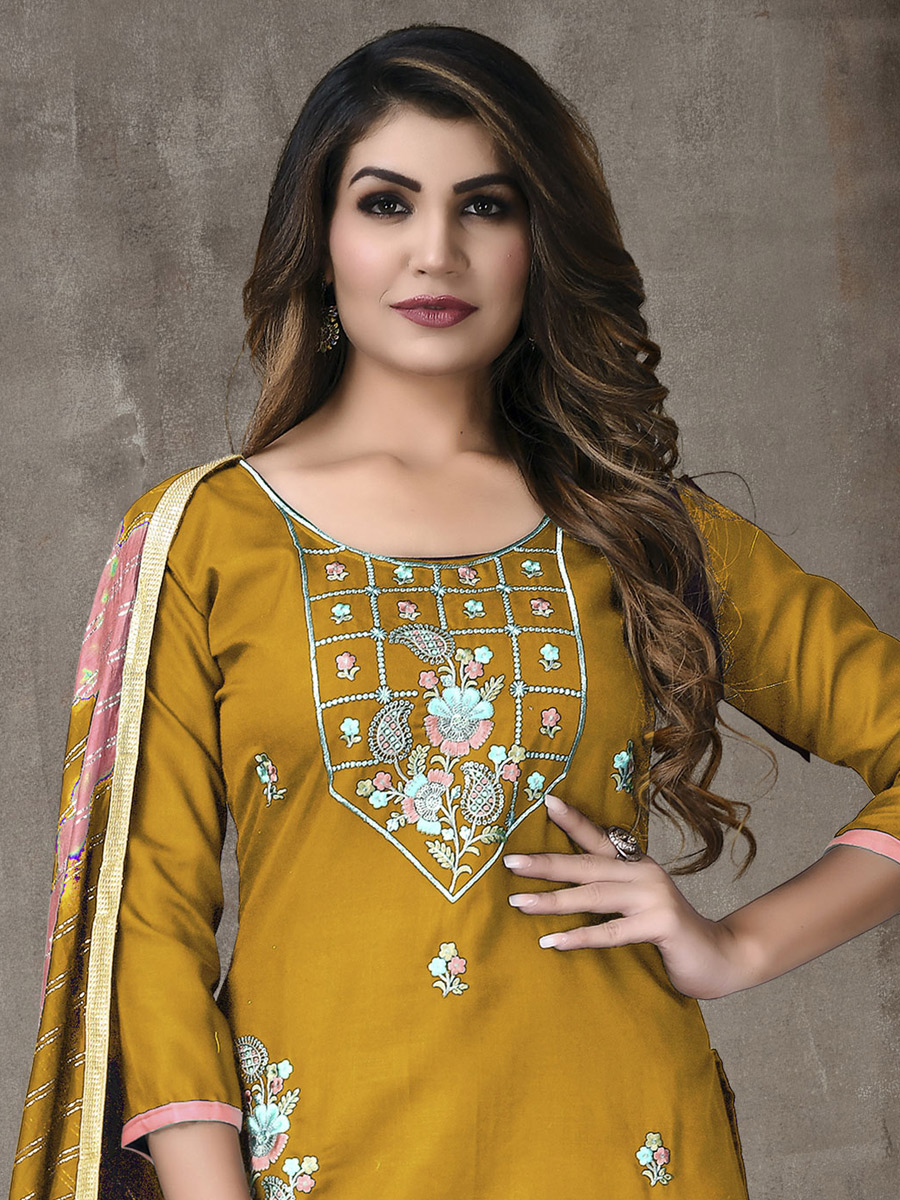 Gamboge Yellow Cotton Embroidered Party Palazzo Pant Kameez