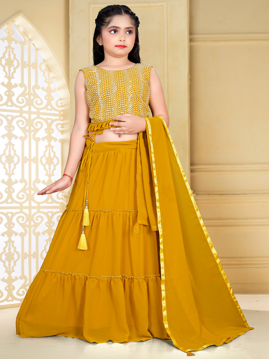 Gamboge Yellow Georgette Embroidered Party Kids Lehenga Choli